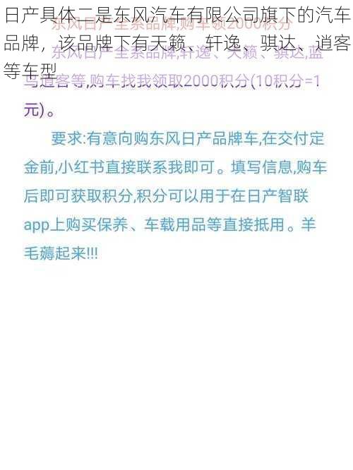 日产具体二是东风汽车有限公司旗下的汽车品牌，该品牌下有天籁、轩逸、骐达、逍客等车型