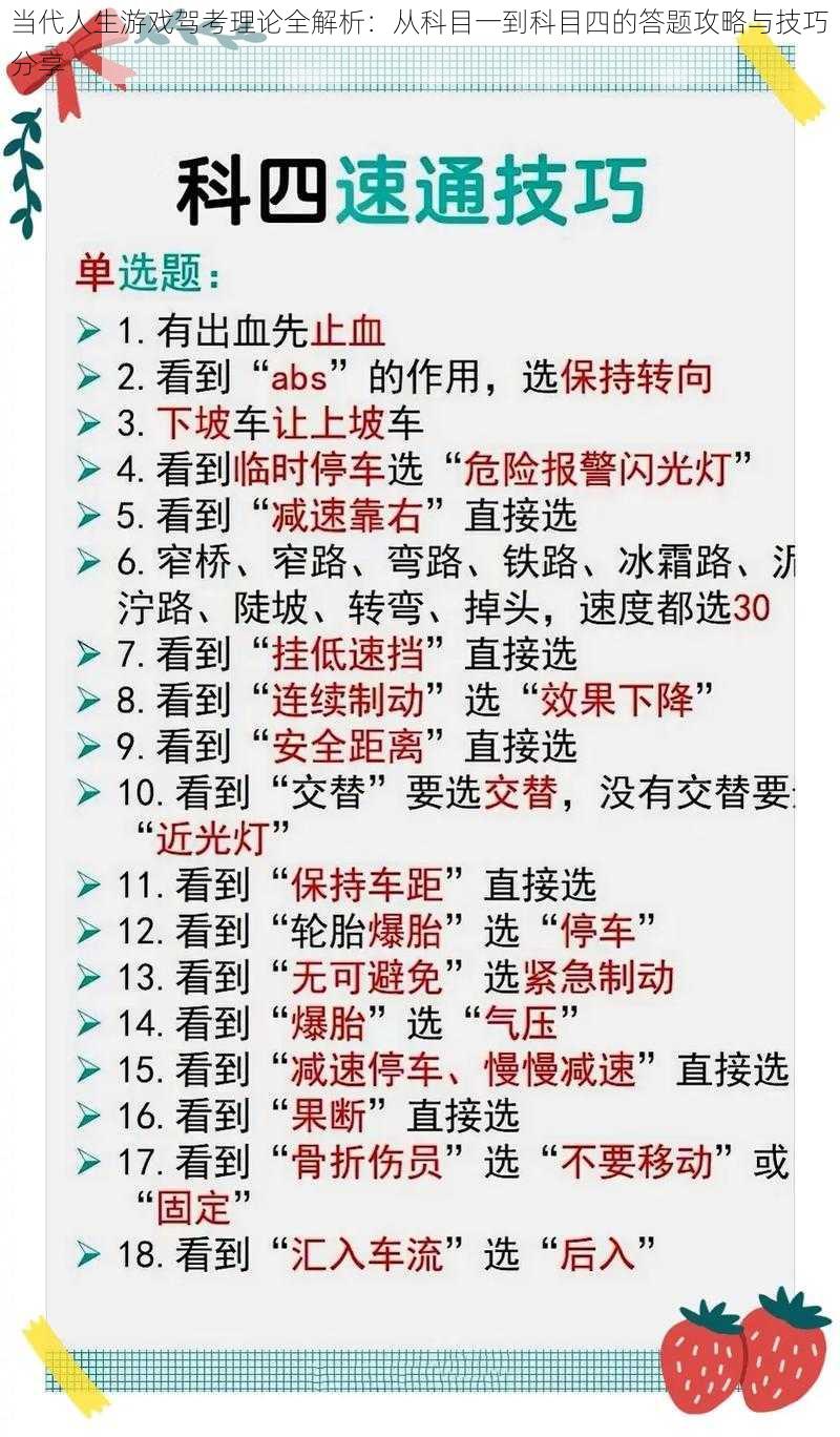 当代人生游戏驾考理论全解析：从科目一到科目四的答题攻略与技巧分享